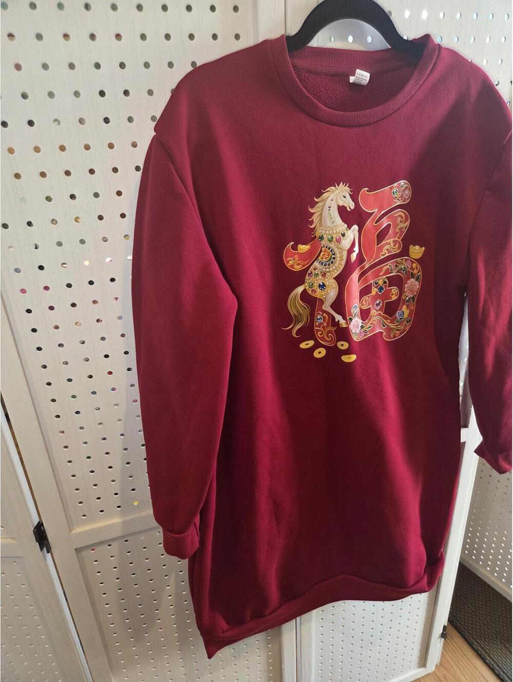 Medium Red Crewneck Sweatshirt dress with Horse and Chinese Character Design